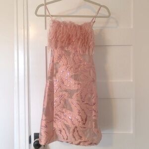 XS Anthropologie pink metallic brocade and feather dress studio 54